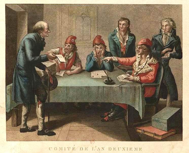 Mια επιτροπή ελέγχου παρέχει πιστοποιητικό κοινωνικών φρονημάτων. Στάμπα, 1793. Εθνική Βιβλιοθήκη της Γαλλίας, Παρίσι ΟΙ ΕΠΙΤΡΟΠΕΣ.