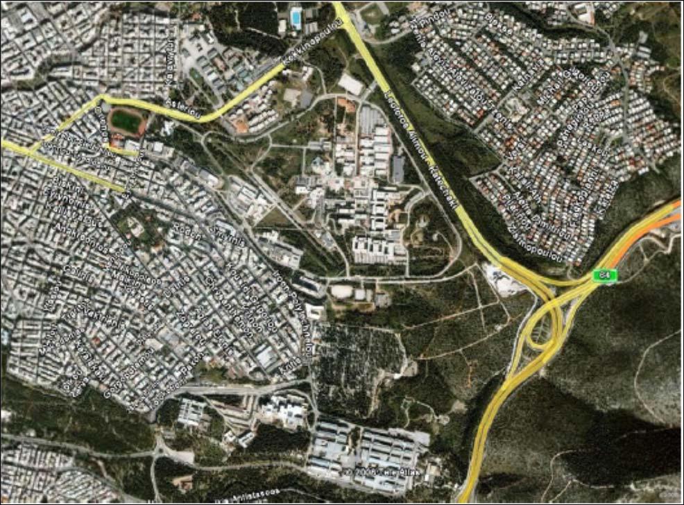 Γενική άποψη της περιοχής μελέτης από δορυφορική φωτογραφία Τα «Η επιτεύγματα συμβολή του του Δημόσιου ΕΜΠ ως στην συμβολή Πανεπιστημίου