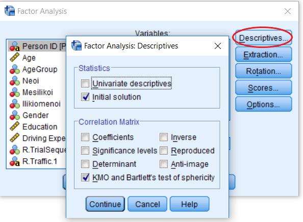 3: Factor Analysis: Descriptives Από το πλαίσιο Extraction δίνεται η δυνατότητα να καθοριστεί η μέθοδος εκτίμησης των παραγόντων και το αν θα χρησιμοποιηθεί ο πίνακας συσχετίσεων ή