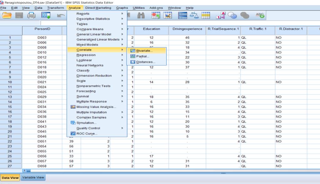 Για τον έλεγχο αυτό ακολουθήθηκε η παρακάτω διαδικασία στο πρόγραμμα SPSS, όπως απεικονίζεται και στις σχετικές εικόνες. analyze correlate bivariate Εικόνα 5.