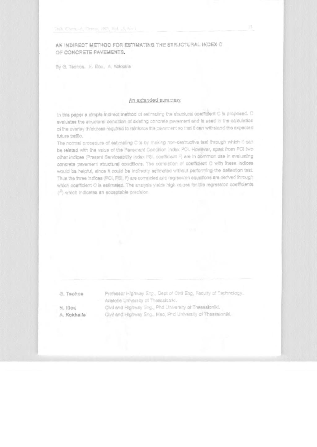 Tcch. C hro n.-λ. Grcccc, 1993, Vol. 13, Νο I 13 ΑΝ INDIRECT ΜΕτΗΟD FOR ESτiMAτiNG ΤΗΕ STRUCTURAL INDEX C OF CONCREτE PAVEMENTS. By G. Tsohos, Ν. lliou, Α.
