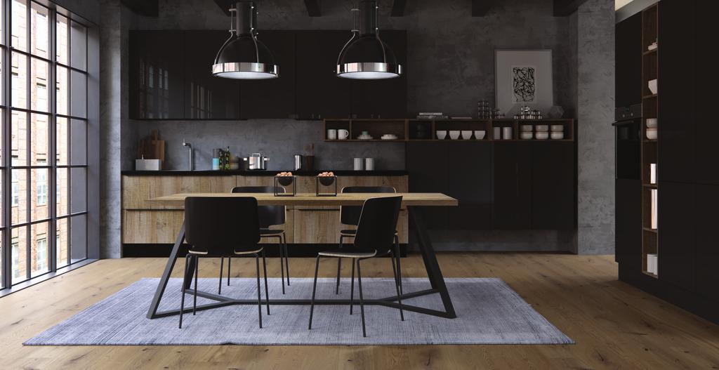 Kesten Δυναμικός σχεδιασμός και στοιχεία από μέταλλο και ξύλο δημιουργούν μια industrial κουζίνα, την Kesten. Οι σκούρες όψεις, υψηλής στιλπνότητας, χαρίζουν έναν ήπιο καθρεπτισμό του χώρου.