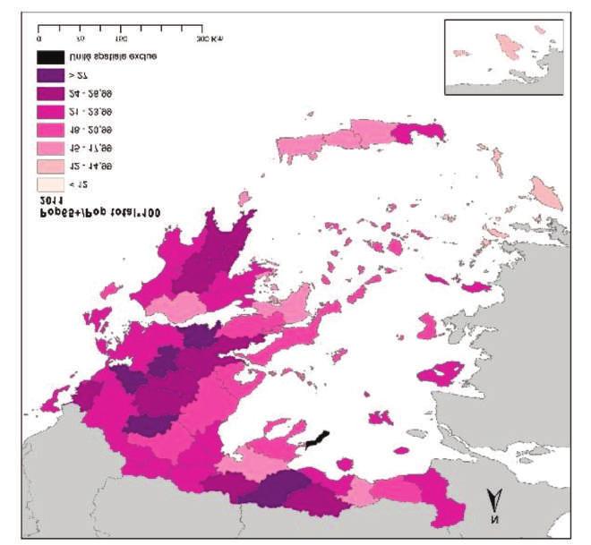 38 Χάρτης 3: % των ατόμων 65 ετών και άνω στην απογραφή του 2011