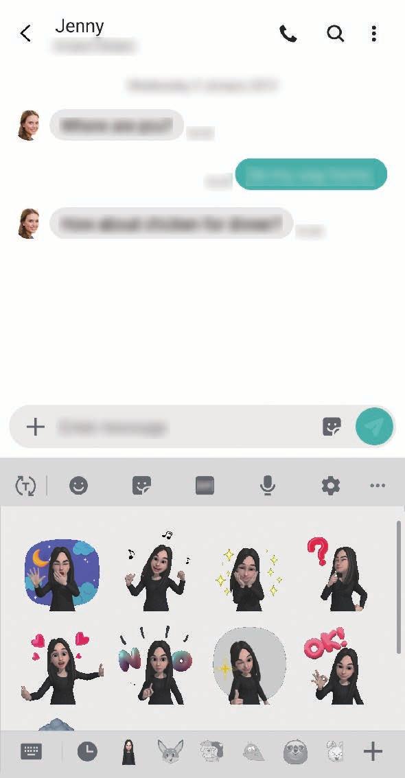 1 Ενώ συντάσσετε ένα μήνυμα στην εφαρμογή Μηνύματα, πατήστε στο πληκτρολόγιο Samsung. 2 Πατήστε το εικονίδιο My Emoji. 3 Επιλέξτε ένα από τα αυτοκόλλητα My Emoji.