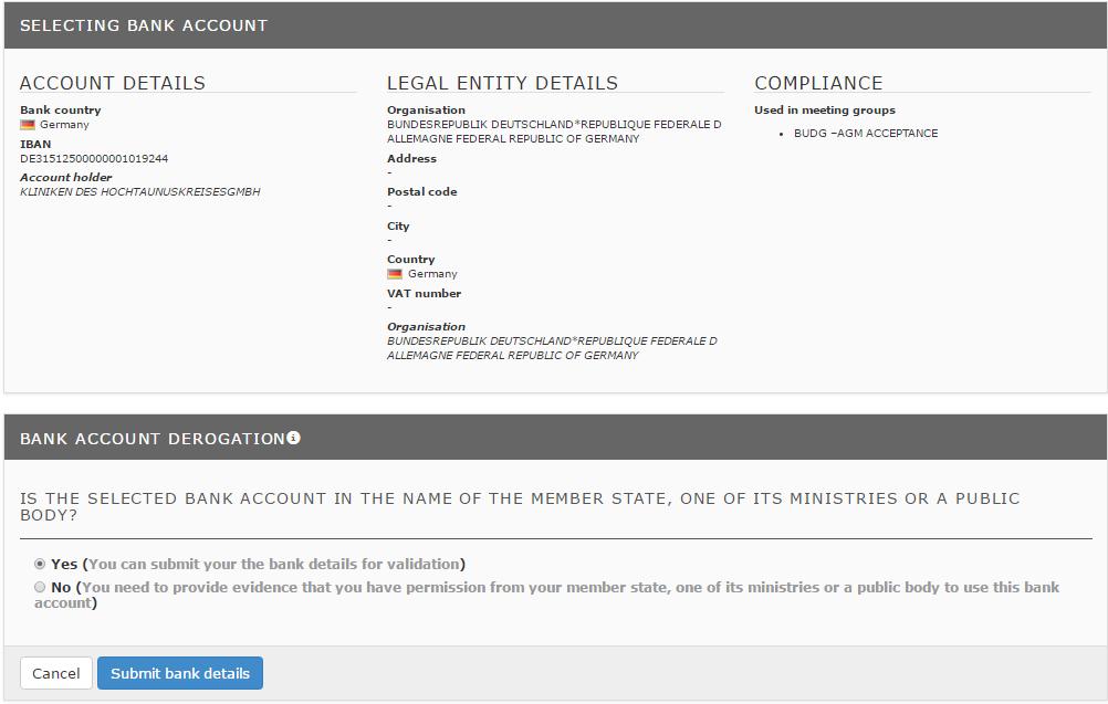 κάντε κλικ στο κουμπί «Submit bank details» (Υποβολή στοιχείων τραπεζικού λογαριασμού) για να συνδέσετε τον λογαριασμό με τη νέα ομάδα συνεδριάσεων: 2.2.5.