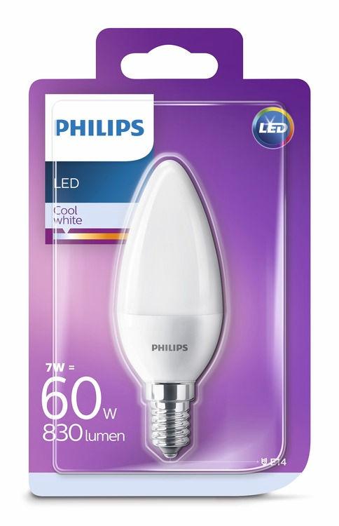PHILIPS LED Κερί 7 W (60 W) E14 Ψυχρό λευκό Χωρίς ρύθμιση έντασης Φως που είναι ευχάριστο για τα μάτια σας Η κακή ποιότητα φωτός μπορεί να προκαλέσει κόπωση