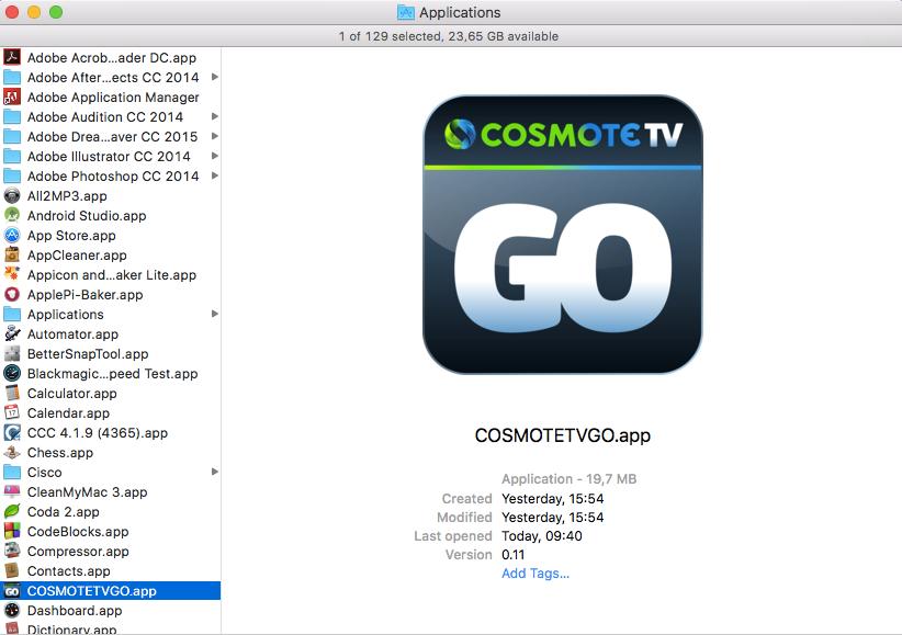 Στο φάκελο των εφαρμογών θα πρέπει να εμφανίζεται ως COSMOTETVGO.app όπως παρακάτω.