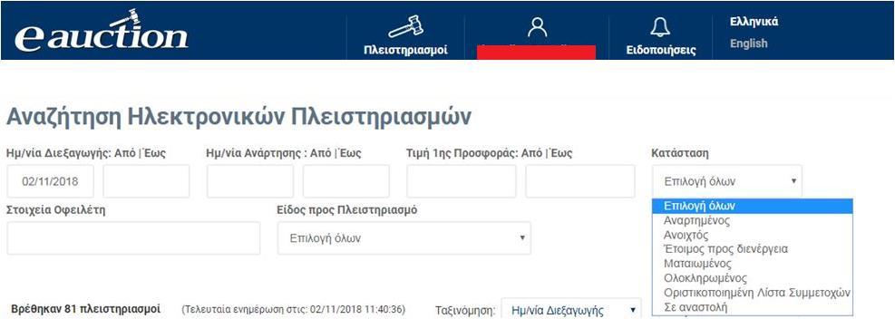 πλειστηριασμού, επιλέγοντας ανάμεσα στις καταστάσεις Αναρτημένος, Ανοιχτός, Έτοιμος προς διενέργεια, Ματαιωμένος, Ολοκληρωμένος, Οριστικοποιημένη Λίστα