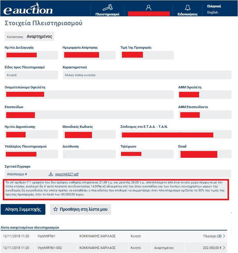 Ο εγγεγραμμένος Υποψήφιος Πλειοδότης δύναται να συμμετάσχει σε ένα, περισσότερα ή όλα τα συσχετισμένα μέρη του πολλαπλού πλειστηριασμού.