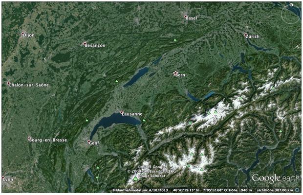Εισαγωγή Σχήμα 1.2: Google Earth map, τα όρη Jura. ποσότητες αργίλου ϰαι λάσπης ϰάτι που έχει ως αποτέλεσμα μεγάλη διαπερατότητα ϰαι ως επαϰόλουϑο την ανεπάρϰεια επιφανειαϰών υδάτων.