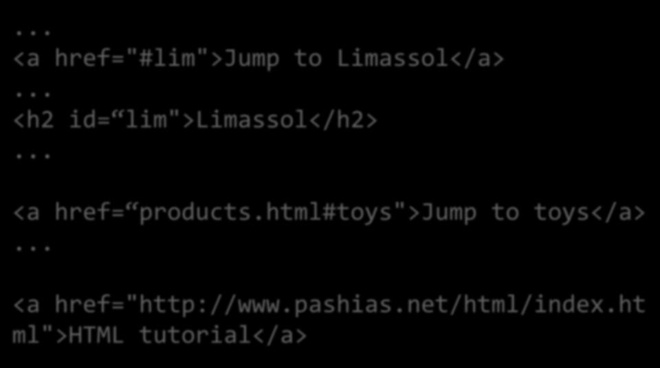 HTML Links Create a Bookmark... <a href="#lim">jump to Limassol</a>... <h2 id= lim">limassol</h2>.