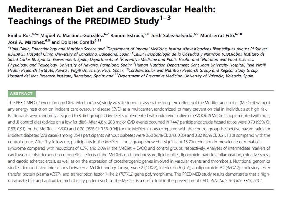 PREDIMED Study (Prevención con Dieta Mediterránea) Αποτελέσματα: Μείωση του κινδύνου ανάπτυξης ΣΔ κατά 40% στην ομάδα MeDiet+EVOO