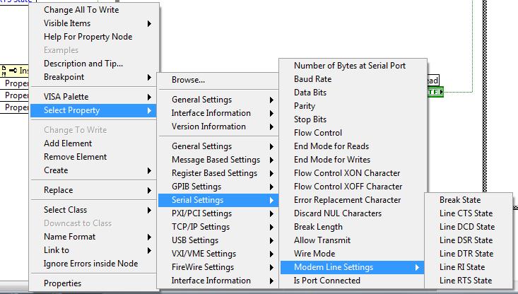 Όταν συνδέσουμε το μηχανισμό Property Node με το μηχανισμό Configure Serial τότε μετατρέπεται σε μηχανισμό Instr στον οποίο κάνουμε δεξί κλικ πάνω του και