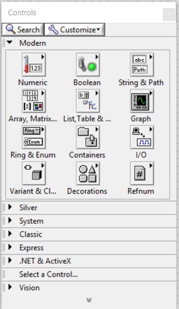 Τα εργαλεία του LabVIEW: Η Παλέτα Ελέγχου (Controls) Από την εμπρόσθια επιφάνεια, επιλέγουμε View Controls Palette Numeric (Numeric Controls), για την εισαγωγή αριθμητικών τιμών, Boolean, για την