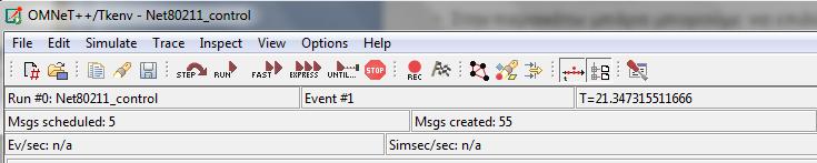 Running Simulations Επιλέγουμε το Config name : DYMOUM -- "Aodv Simple test Επιλέξουμε τον τρόπο με τον οποίο θα τρέξουμε την προσομοίωσή μας Step by step - F4 Run - F5 (με βάση την ταχύτητα που