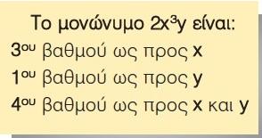 Ο εκθέτης μιας μεταβλητής λέγεται βαθμός του μονωνύμου ως προς τη μεταβλητή αυτή, ενώ ο βαθμός