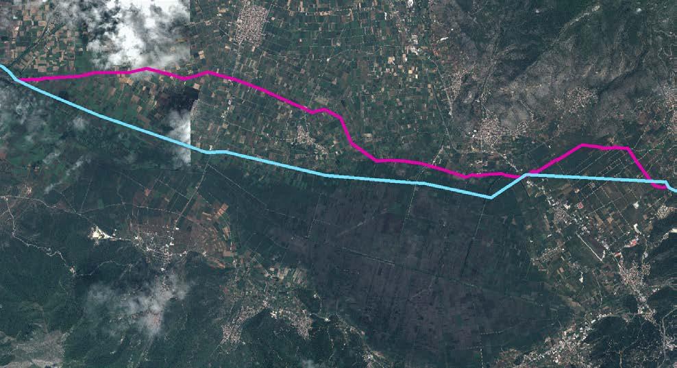 Σελίδα 11 από 64 Εικόνα 2-3 Η Βόρεια Εναλλακτική και η Όδευση της ΜΠΚΕ Βόρεια Εναλλακτική: Όδευση ΜΠΚΕ: Πηγή: ETG (2014) μωβ γραμμή ανοιχτή μπλε γραμμή 3 Σύγκριση των Εναλλακτικών 3.