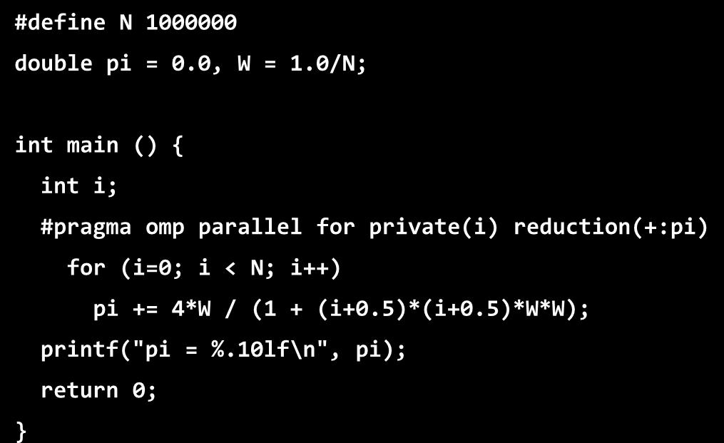Υπολογιςμόσ του π #define N 1000000 double pi = 0.0, W = 1.0/N; #define N 1000000 double pi = 0.0, W = 1.0/N; int main() { int main () { int i; #pragma omp parallel for (i = 0; i < N; i++) { pi += 4*W / (1 + (i+0.