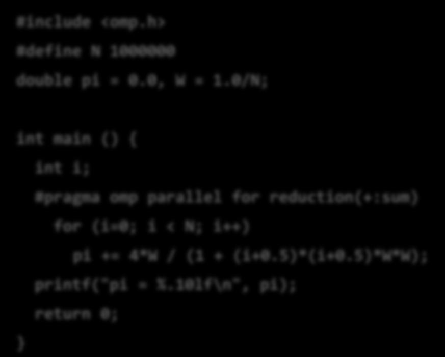 Με OpenMP #include <omp.h> #define N 1000000 double pi = 0.0, W = 1.0/N; int main () { int i; #pragma omp parallel for reduction(+:sum) for (i=0; i < N; i++) #define N 1000000 pi += 4*W / (1 + (i+0.