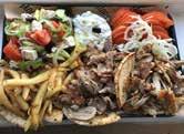 .. 32,90 4 meat grill sticks skewers of your choice (pork, chicken, kebab) Greek salad with feta cheese and extra virgin olive oil fresh fried potatoes pita bread shots traditional Greek tzatziki