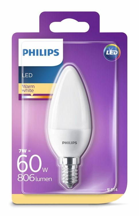 PHILIPS LED Κερί 7 W (60 W) E14 Ζεστό λευκό Χωρίς ρύθμιση έντασης Φως που είναι ευχάριστο για τα μάτια σας Η κακή ποιότητα φωτός μπορεί να προκαλέσει κόπωση στα