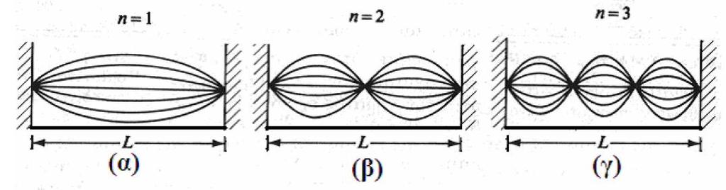 Το συνολικό στάσιμο κύμα θα πρέπει να ικανοποιεί τα ακόλουθες οριακές συνθήκες: α) y(0, t) 0 (Ικανοποιείται αυτόματα για κάθε k και λ) β) y( L, t) 0 sin kl 0 kl n, n 1,,3... Ισοδύναμα: L L n, n 1,,3.