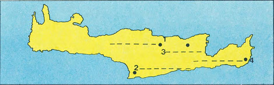 ENOTHTA 9 Ο ΜΙΝΩΙΚΟΣ ΠΟΛΙΤΙΣΜΟΣ 2. Το ανάκτορο της Κνωσού 1. Γράφω στη θέση των αριθμών τις μεγάλες πόλεις της Κρήτης, όπου υπήρχαν ανάκτορα (1. Κνωσός, 2.