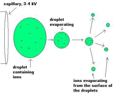 Ιοντισμός με ηλεκτροψεκασμό (Electron Spray Ionization, ESI) Αραιό διάλυμα του δείγματος (<1 mg/l) διαχέεται μέσω λεπτής ακίδας σε υψηλό ηλεκτρικό πεδίο Ο διαλύτης εξατμίζεται μέσω διαβίβασης θερμού