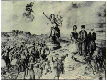 Λαϊκή απεικόνιση της ηγεσίας της προσωρινής κυβέρνησης, που συγκροτήθηκε αμέσως μετά την κατάργηση της βασιλείας του Όθωνα, από την τριανδρία Βούλγαρη Κανάρη Ρούφου, στην οποία αντικατοπτρίζεται το