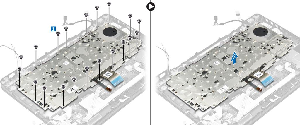Αφαίρεση του πληκτρολογίου από τον δίσκο πληκτρολογίου 1. Ακολουθήστε τη διαδικασία που παρατίθεται στην ενότητα Πριν από την εκτέλεση εργασιών στο εσωτερικό του υπολογιστή σας. 2.