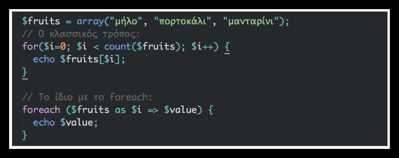 Εντολή επανάληψης "foreach" Πολύ βολικό όταν θέλουμε να κάνουμε κάτι σε κάθε