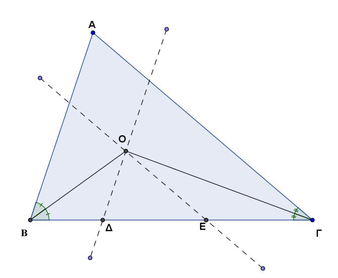 Έστω ένα τρίγωνο ΑΒΓ. Οι διχοτόμοι των 1. γωνιών του Β και Γ τέμνονται στο Ο. Η παράλληλη από το Ο προς την ΑΒ τέμνει την ΒΓ στο Δ και η παράλληλη από το Ο προς την ΑΓ τέμνει την ΒΓ στο Ε. α. Να δείξετε ότι ΔΟ=ΒΔ και ΟΕ=ΕΓ.