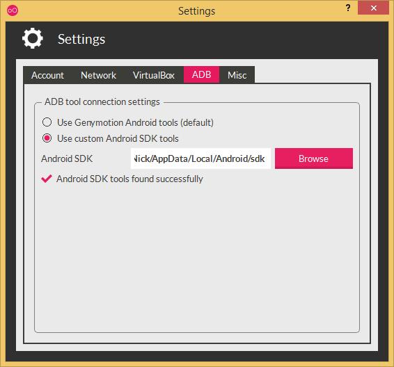 Επιλέγουμε το πλήκτρο Settings ADB Use custom Android SDK tools,