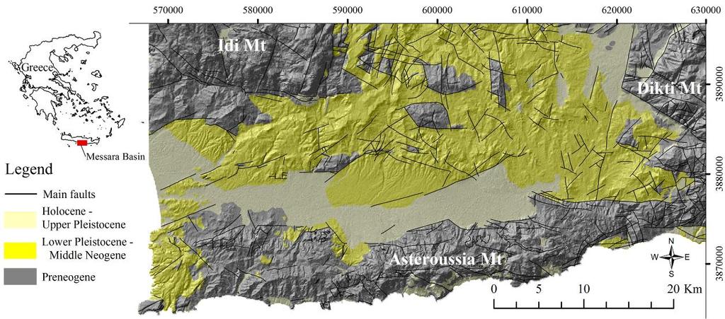 2.2 Η λεκάνη της Μεσσαράς Τοπογραφικά, η τάφρος (graben) της Μεσσαράς χαρακτηρίζεται από την τοπογραφική ταπείνωση ανάμεσα στον όγκο του Ψηλορείτη και της κορυφογραμμής του Ηρακλείου στο Βορρά και