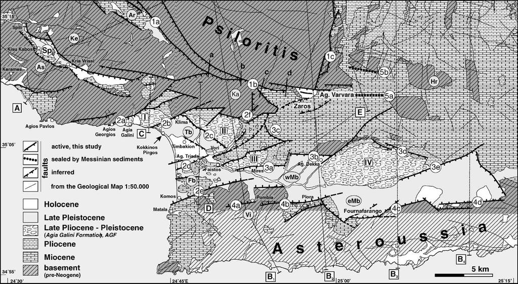Εικόνα 2.5: Γεωλογικές χάρτης του μεγαλύτερου τμήματος της λεκάνης της Μεσσαράς και οι θέσεις αντιπροσωπευτικών γεωλογικών τομών διαφόρων διευθύνσεων (κατά Peterek & Schwarze, 2004).
