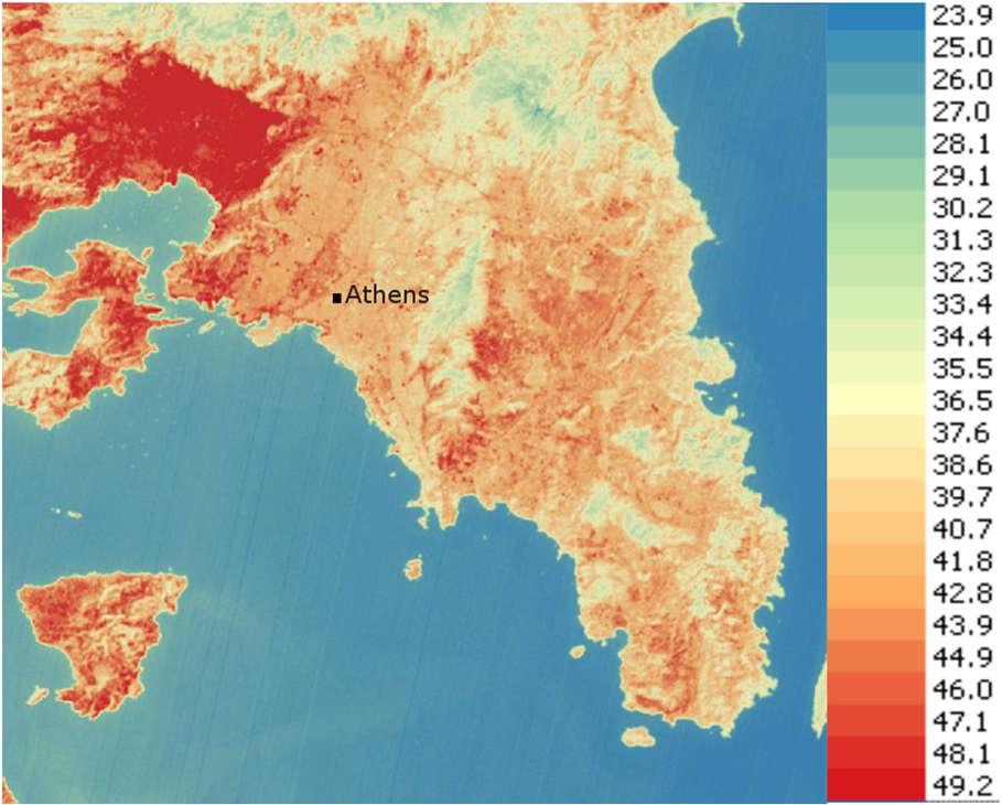 Αστικό περιβάλλον Με τη χρήση δορυφορικών δεδομένων μπορούμε να υπολογίσουμε την επιφανειακή θερμοκρασία σε καλύτερη χωρική ανάλυση σε σύγκριση με ένα δίκτυο επίγειων μετρήσεων.