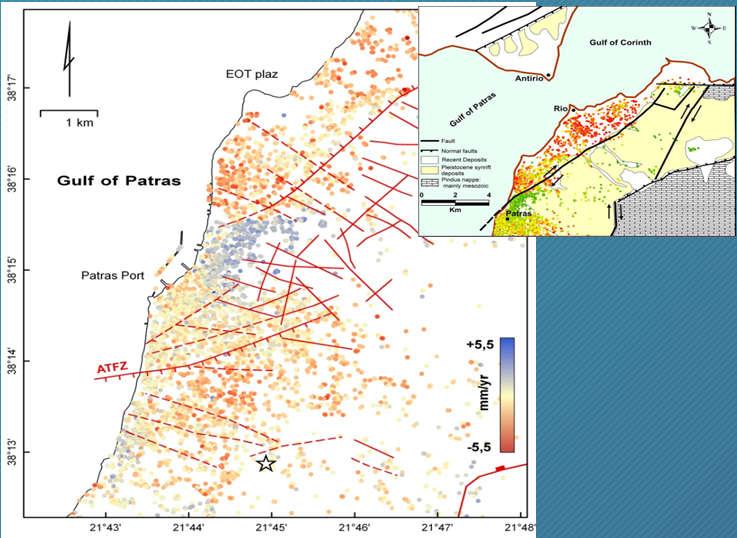 Values <-8 or >8 mm year -1, 2003-2010. Εφαρμόστηκε τεχνική ανάλυσης PS χρησιμοποιώντας ένα πλούσιο σύνολο εικόνων εικόνων ERS-1 & 2 (1993-1998).