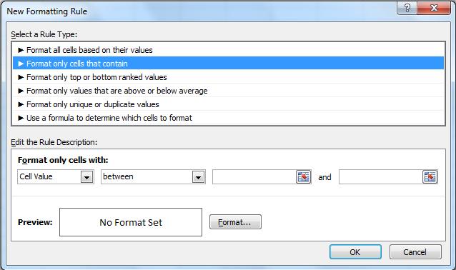 5. Select a Rule Type: Επιλέγουμε ένα τύπο κανόνα π.χ. Format only cells that contain 6.
