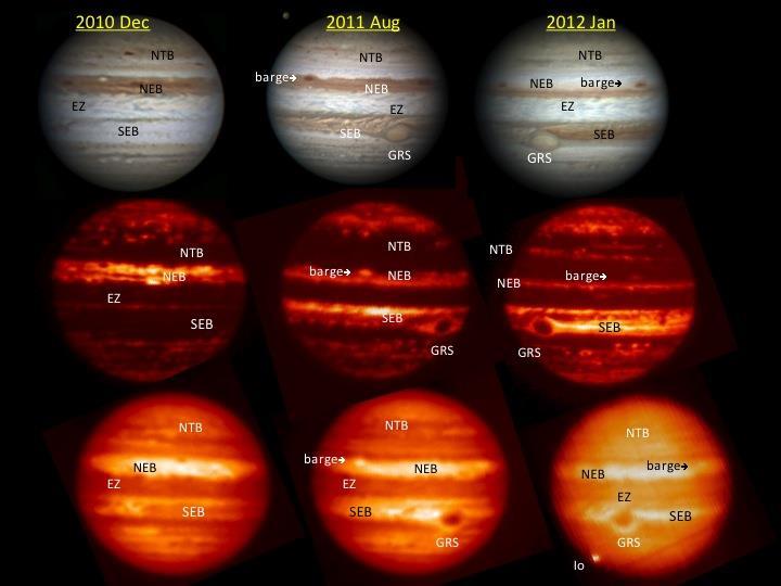 Εικόνα. 11: Ερασιτεχνικές εικόνες RGB (επάνω) και επαγγελματικές κατά την φάση της επανασύστασης της Νότιας Ισημερινής Ταινίας και εξασθένισης της Βόρειας Ισημερινής Ταινίας (SEB revival, NEB fade).