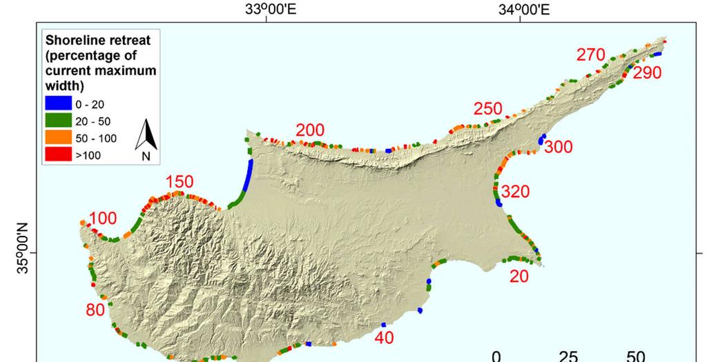 Προγνώσεις παραλιακής διάβρωσης από ακραίες στάθμες/κυματισμούς Retreat estimations for the 325 beaches under the 100-year ESL (RCP4.5) for 2050.