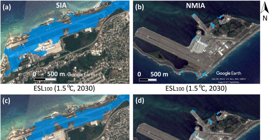 Προγνώσεις πλημμύρας παράκτιων υποδομών Inundation of Sangster International Airport (SIA) (a, c, e) and Norman Manley
