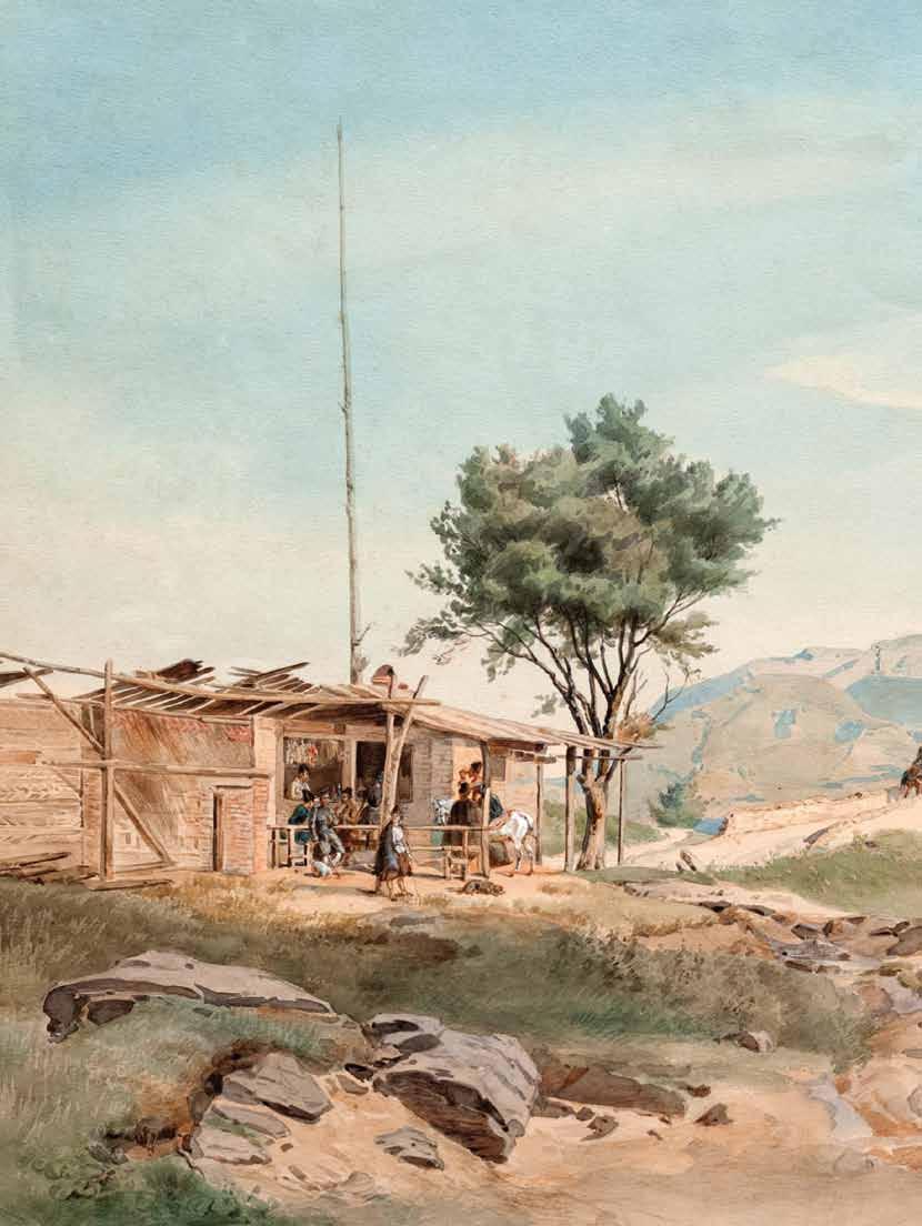 fridrix frisi. duqani Tbilissa da gors Soris. qaraldi. akvareli. zoma: 32,5X49 sm. zugdidis dadianebis sasaxleebi.