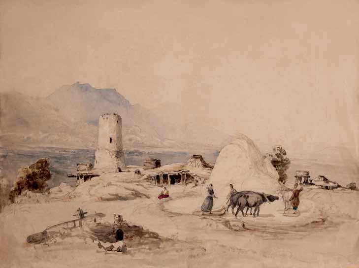 paul frankeni. Tbilisi. qartli. kalo. qaraldi, fanqari, akvareli. zoma: 42X31 sm. kerzo koleqcia Paul Franken. Tbilisi. Qartli (Region of Georgia), Kalo (Cereals threshing place).