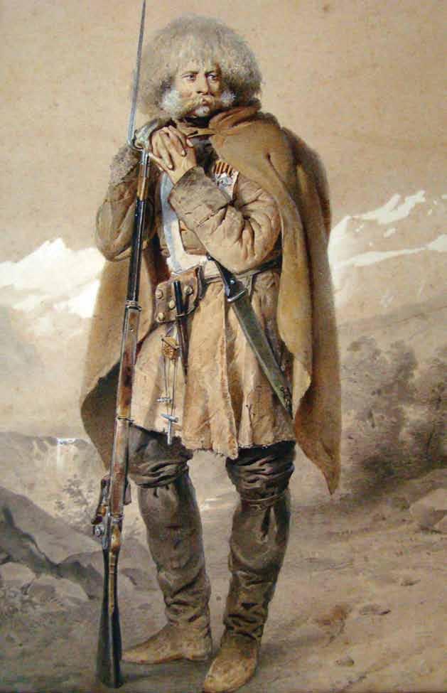 georg vilhem timmi. rusi kazaki. qaraldi. akvareli. zoma: 24X18 sm. zugdidis dadianebis sasaxleebi.