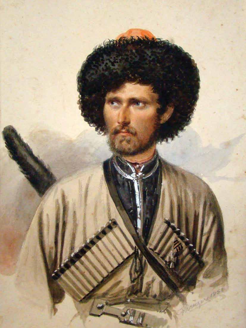 franc kriugeri. sunjis polkis kazaki Teodor averdovi. qaraldi. akvareli. zoma: 23X32 sm. zugdidis dadianebis sasaxle.