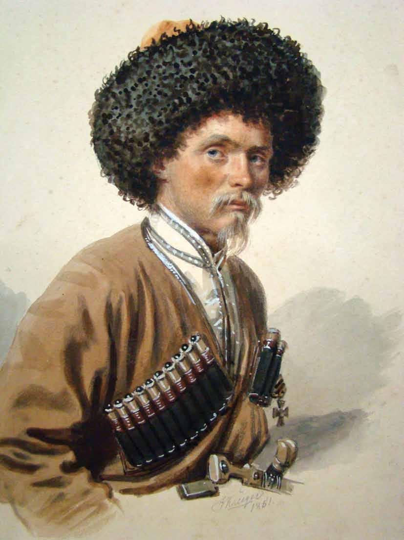 franc kriugeri. meore labinis polkis kazaki andrei kovalevi. qaraldi. akvareli. zoma: 38,5X28 sm.