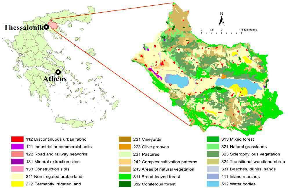 για τον Ελληνικό χώρο είναι του έτους 2012 (Μηνιάδη 2016). Ένα παράδειγμα χάρτη κάλυψης γης CLC και συγκεκριμένα στο Εθνικό Πάρκο Βόλβης Κορώνειας εμφανίζεται στην (Εικόνα 18) Εικόνα 18.