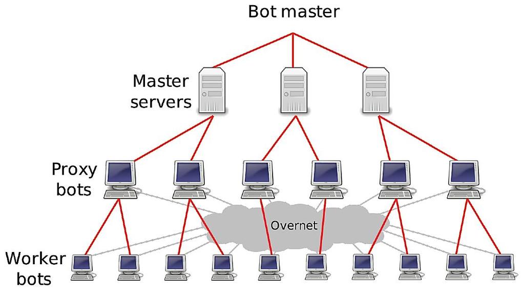 Ιεραρχία Storm Υπάρχουν 3 επίπεδα στην ιεραρχία του Storm botnet, όπως φαίνεται στο παρακάτω σχήμα: Worker Bots: Μολυσμένοι Hosts που αιτούνται spam tasks μέσω των proxies για εκτέλεση.