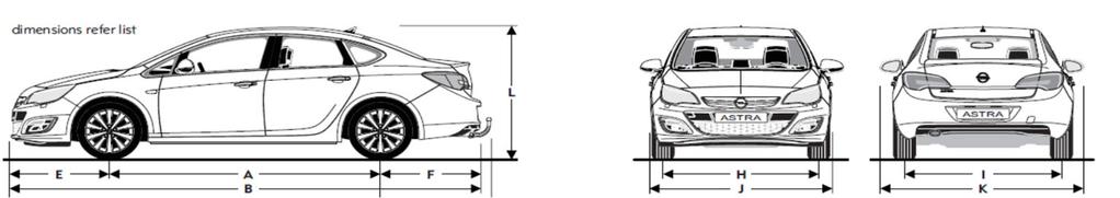 Τεχνικά Χαρακτηριστικά Opel Astra Sedan 6 1500mm 974mm 2685mm 999mm 1541mm 1551mm 4658mm 1814mm 2013mm Βάρη & ιαστάσεις ιαστάσεις οχήματος σε mm Μήκος 4658 Πλάτος (+/- εξωτερικούς καθρέπτες) 2013 /