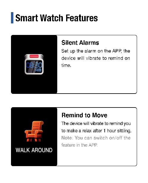 Λειτουργίες Smart watch Στο μενού Silent Alarm μπορείτε να ορίσετε αθόρυβες υπενθυμίσεις, μέσω δόνησης.